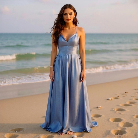 Evening Gown – Windsor – Slate Blue – Satin A‑Line Lace‑Up Back Maxi – Sz 5 - Picture 3 of 12